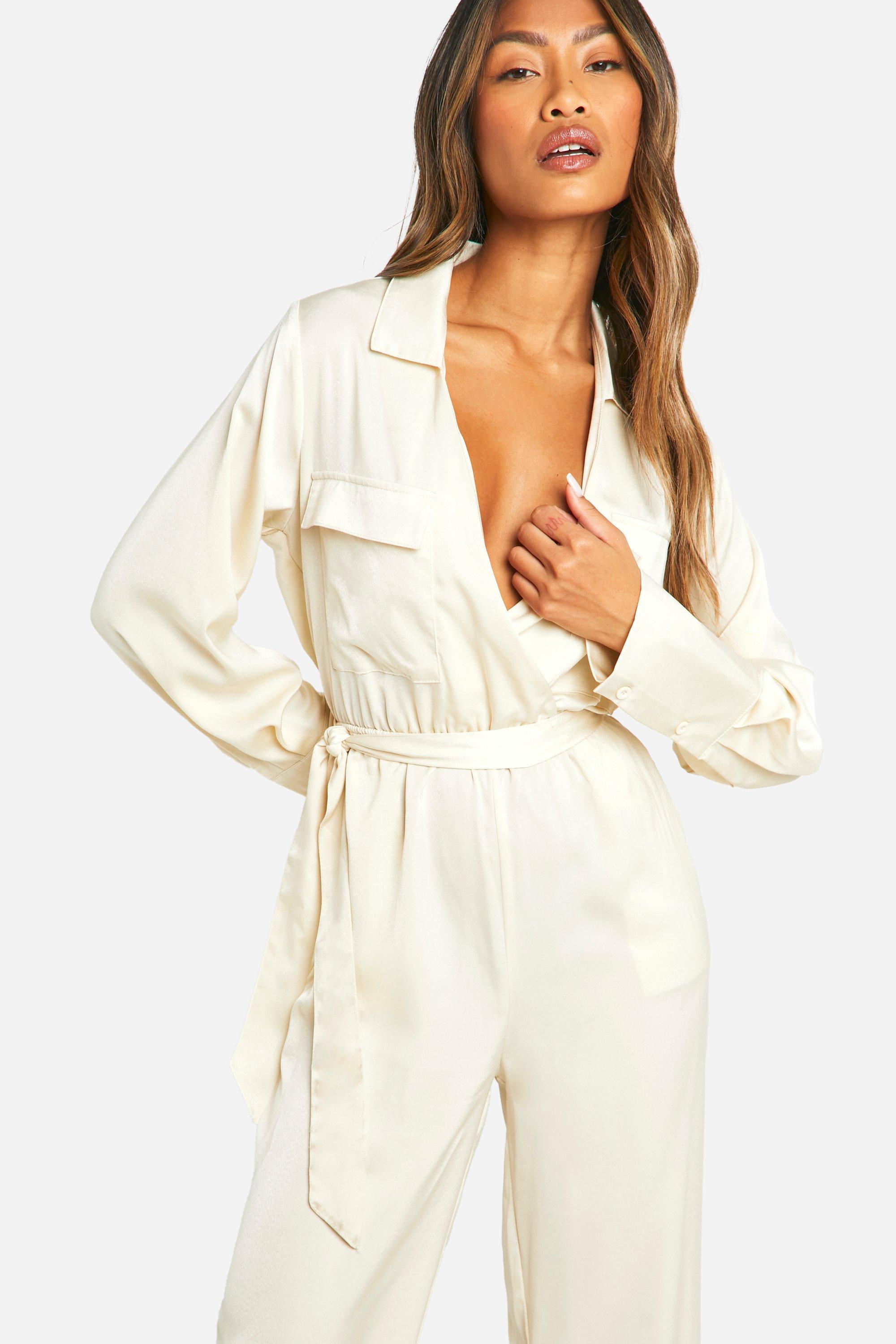 Silk wrap jumpsuit shop