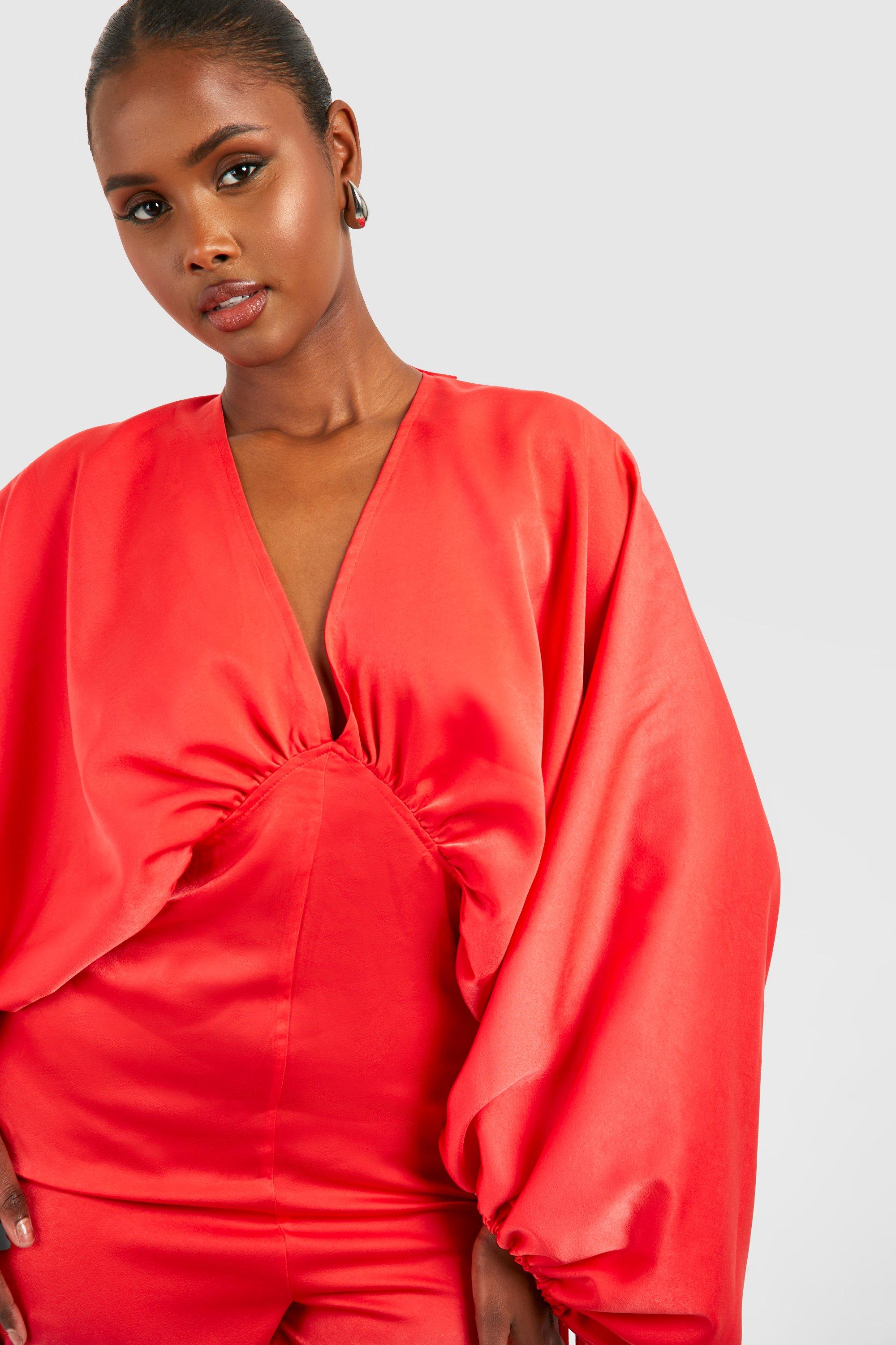 Red satin tie front kimono best sale sleeve playsuit