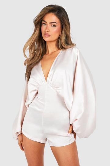 Champagne Beige Matte Satin Extreme Sleeve Romper