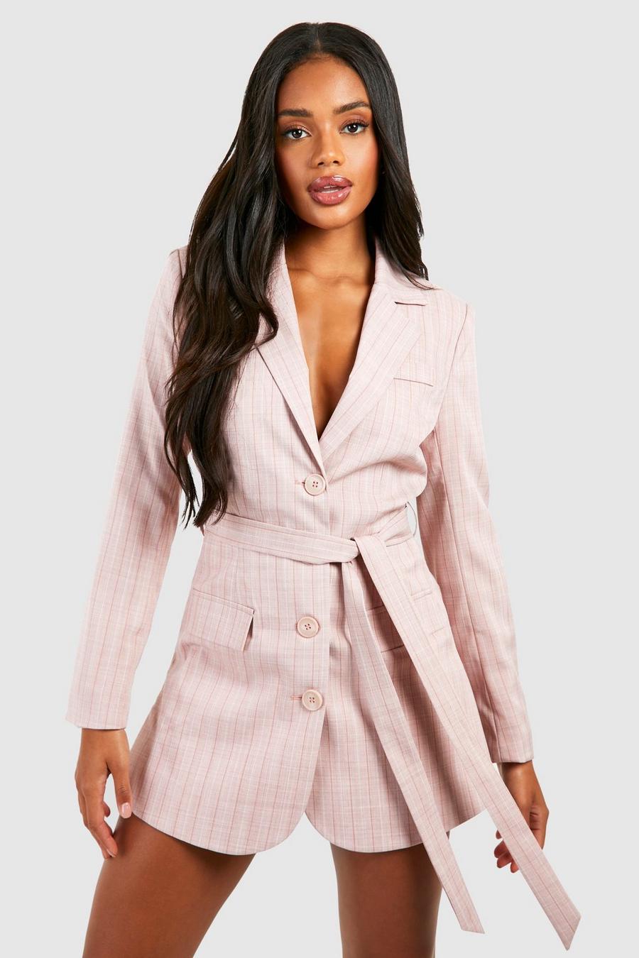 Pink Pinstripe Belted Tailored Blazer Playsuit image number 1