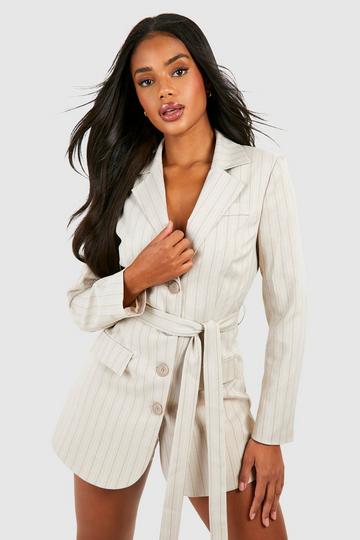 Stone Beige Pinstripe Belted Tailored Blazer Romper