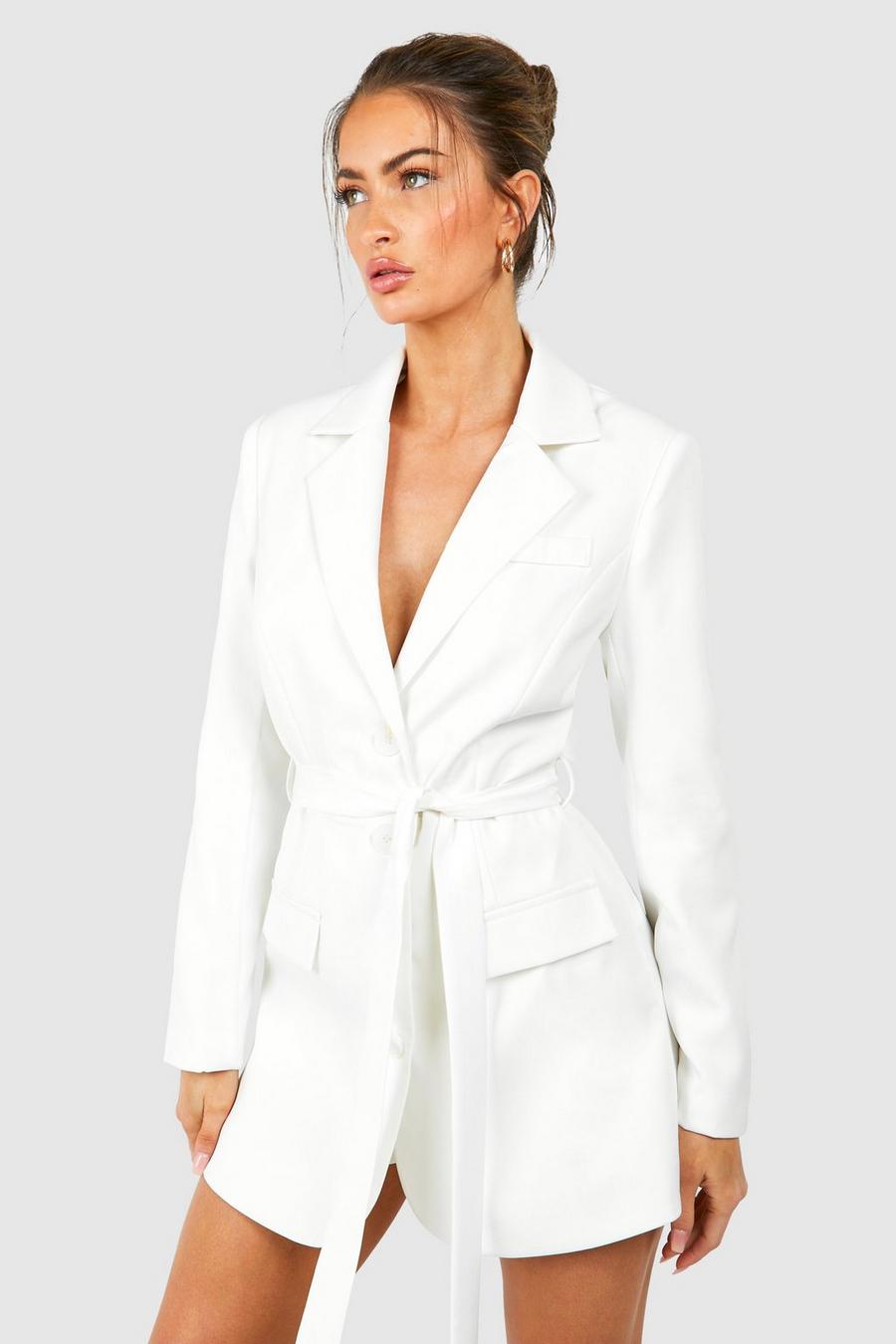 White blanc Belted Tailored Blazer Playsuit