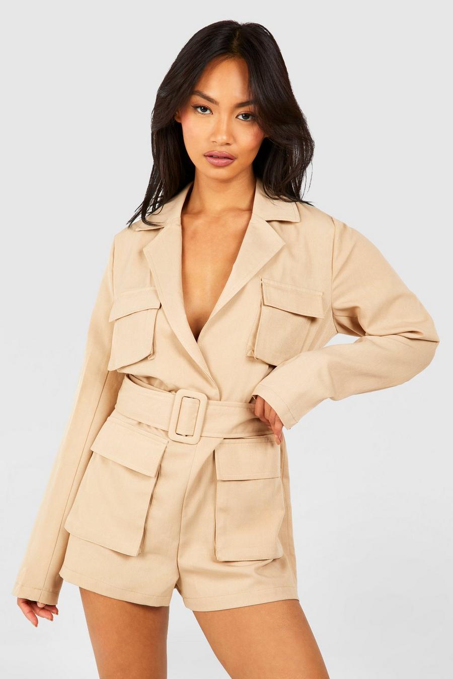 Taupe Belted Utility Blazer Romper