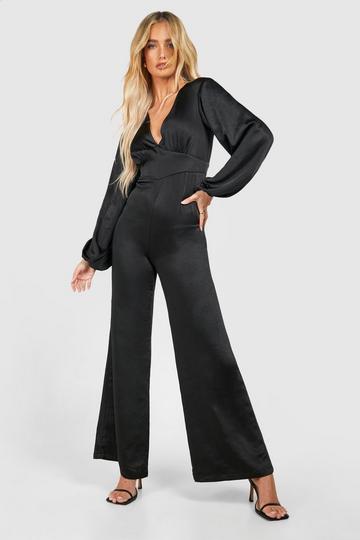 Matte Satin Puff Sleeve Jumpsuit black