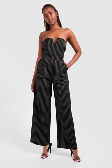 Getailleerde Strapless Jumpsuit Met Krijtstrepen black