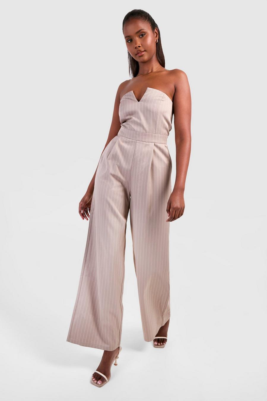 Stone Getailleerde Strapless Jumpsuit Met Krijtstrepen