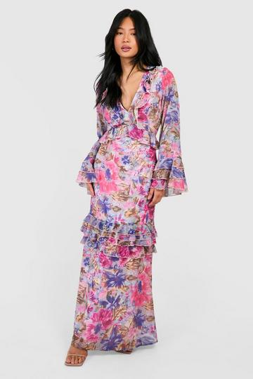 Petite Geweven Bloemen Maxi Jurk Met Ruches En Wijde Mouwen pale pink