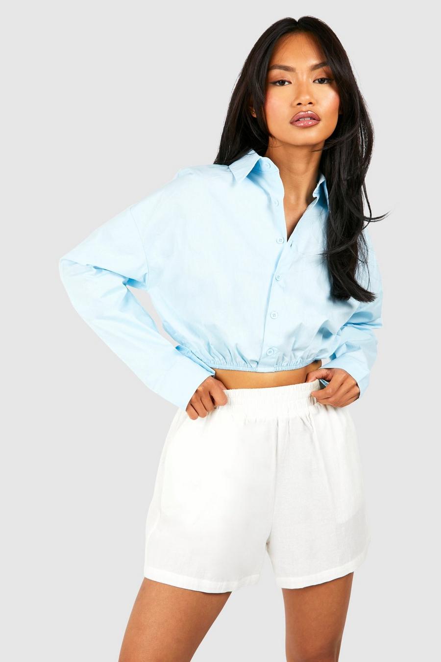 Camicia corta in cotone popeline con fondo raccolto, Pastel blue image number 1
