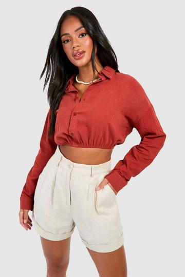 Linen Gathered Hem Crop Shirt rust