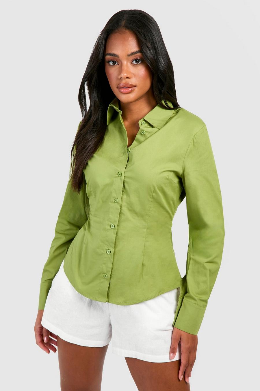 Camisa de algodón popelina con hombreras y cintura ceñida, Olive image number 1
