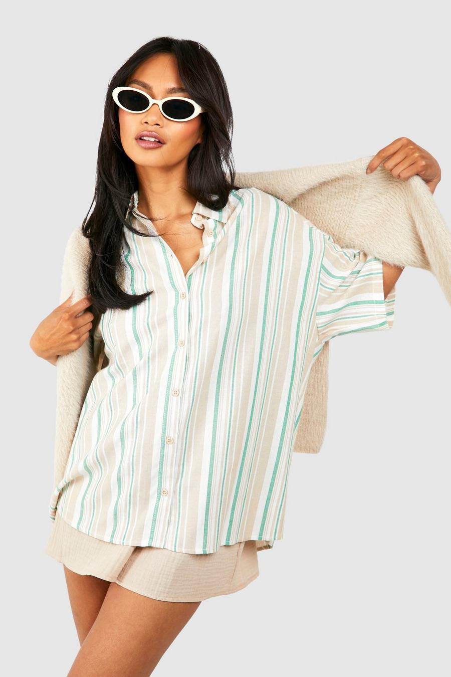 Stone Multi Stripe Linen Oversized Short Sleeve Shirt 