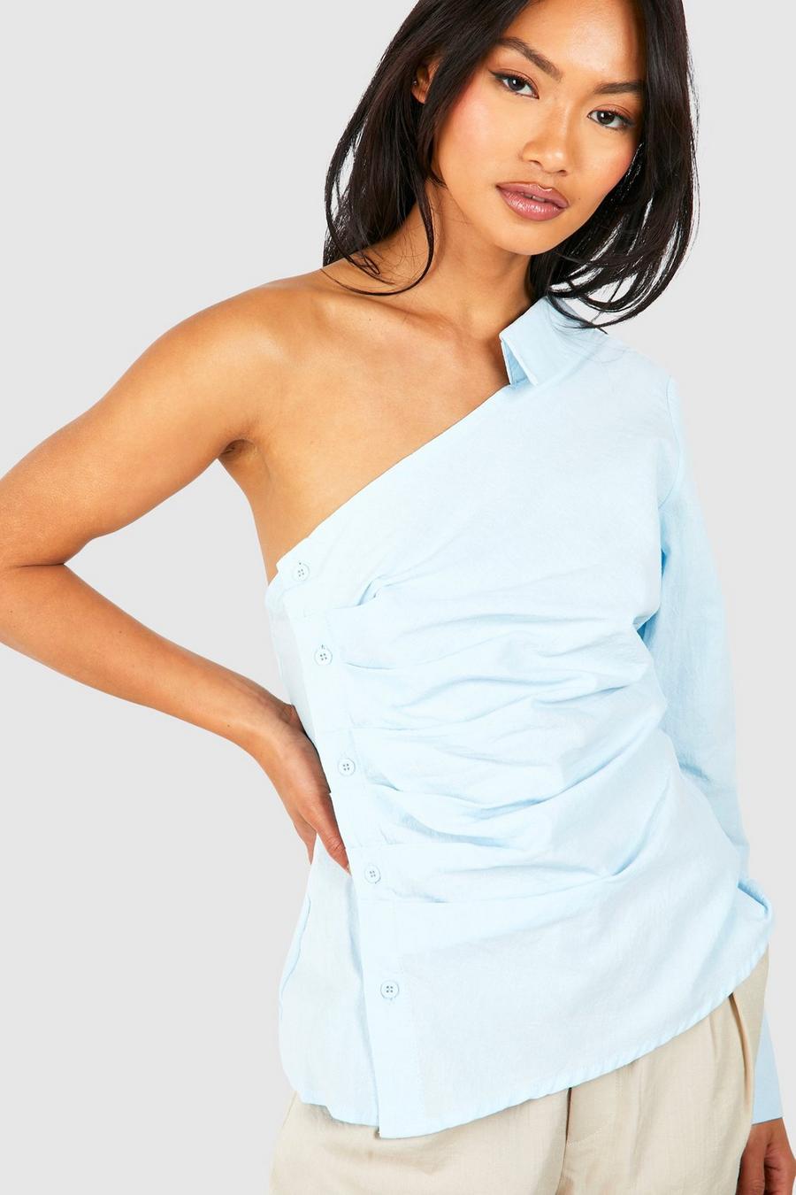 Camicia asimmetrica in lino a maniche lunghe, Light blue image number 1