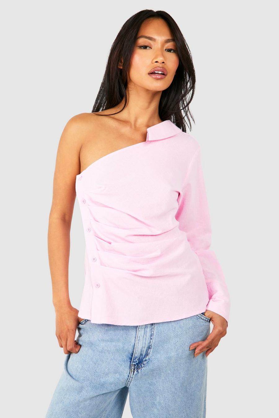 Light pink Asymmetrisch Linnen Overhemd Met Lange Mouwen image number 1