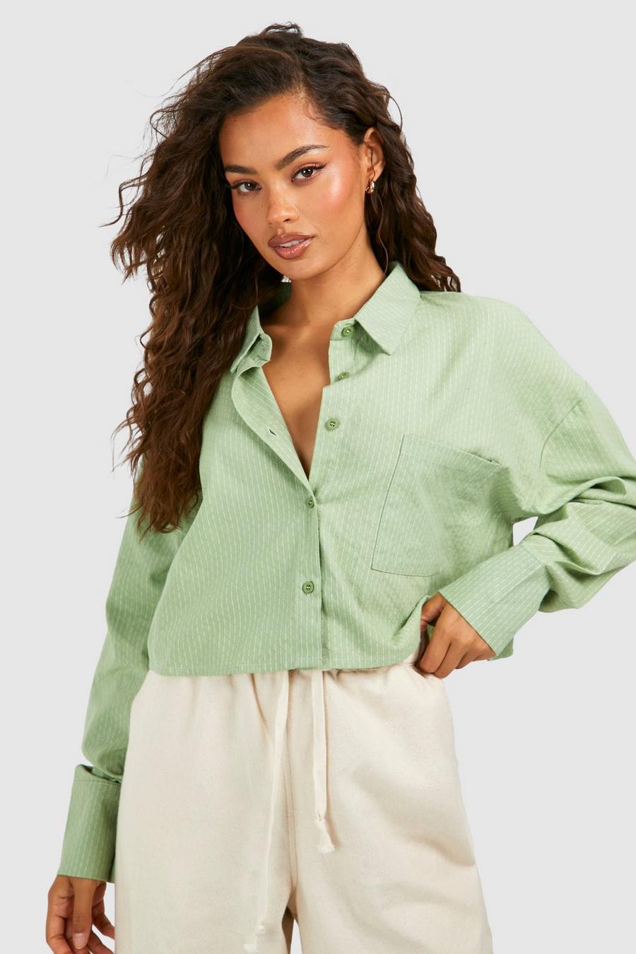 Olive Striped Boxy Crop Textured Shirt  image number 1