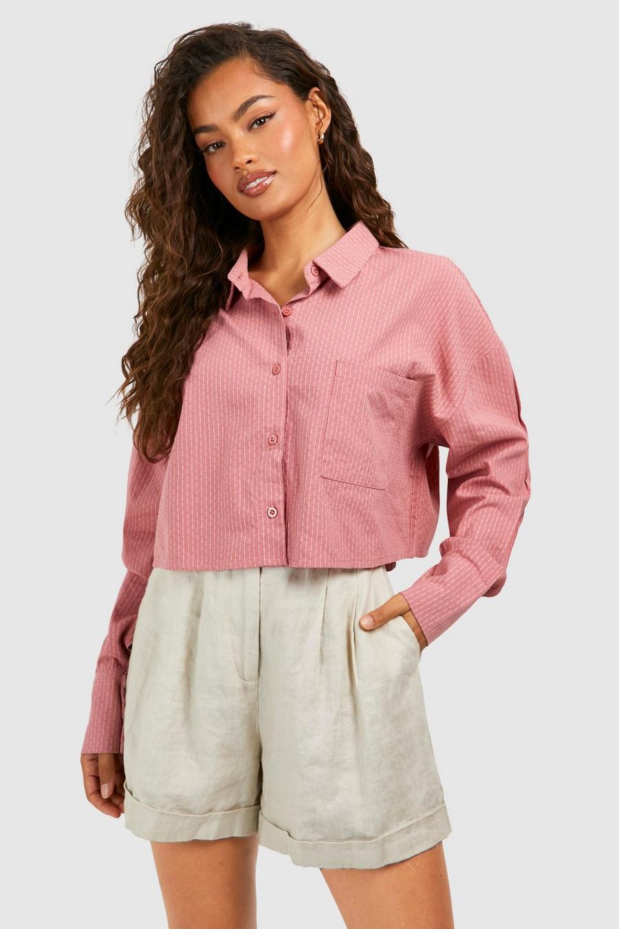 Terracotta Striped Boxy Crop Textured Shirt  image number 1