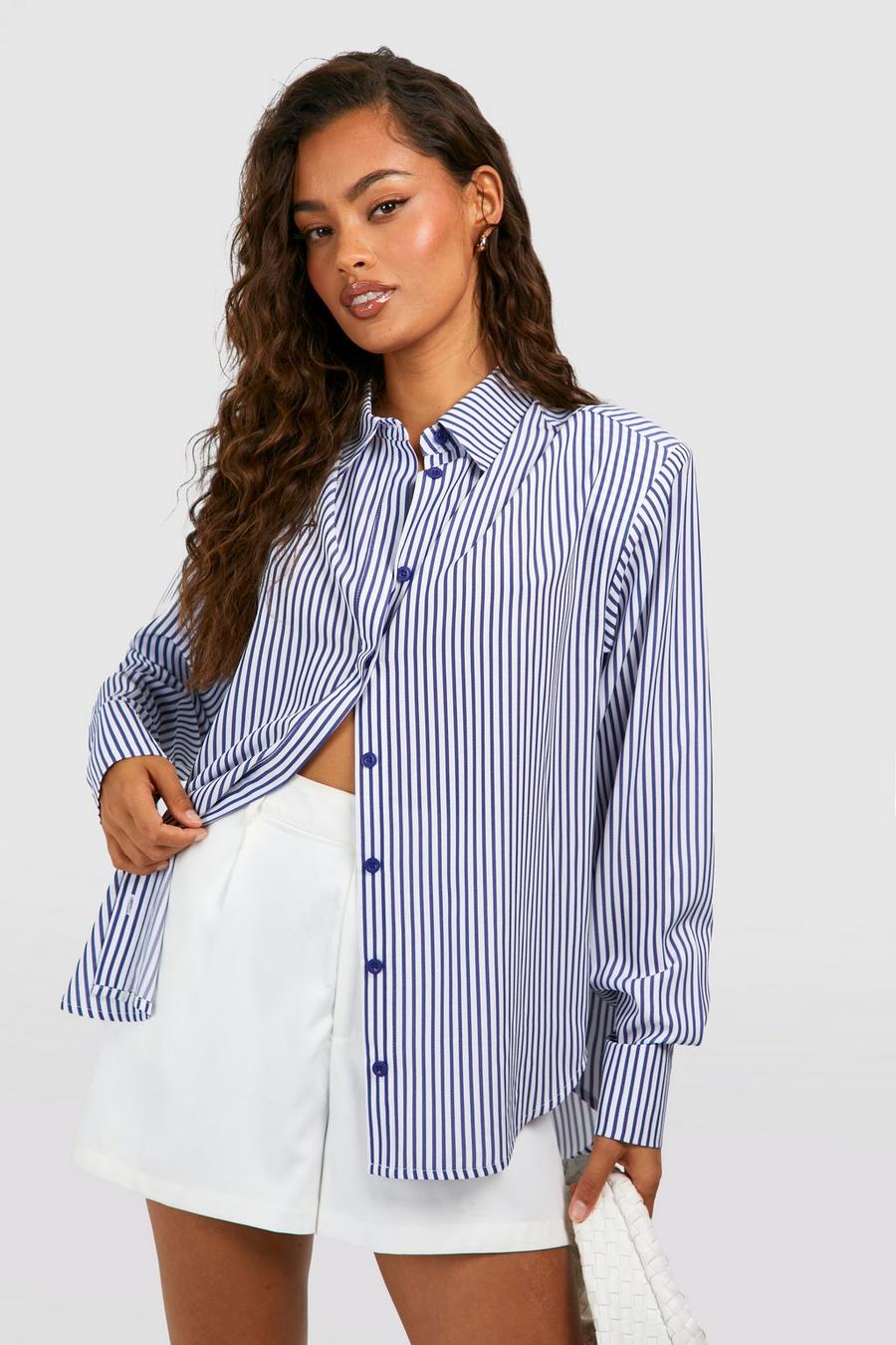 Camicia oversize a righe con spalline imbottite, Navy image number 1