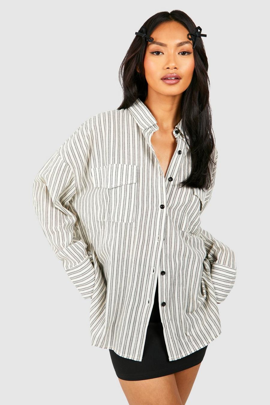 Camicia oversize stile Utility in lino a righe, Black image number 1