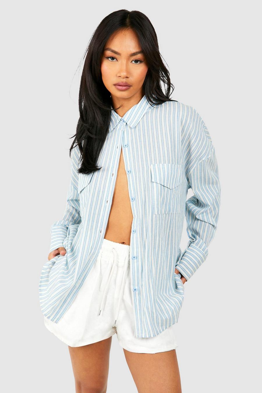 Camicia oversize stile Utility in lino a righe, Blue image number 1