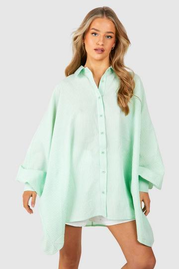 Sage Green Oversized Volume Sleeve Striped Seersucker Shirt