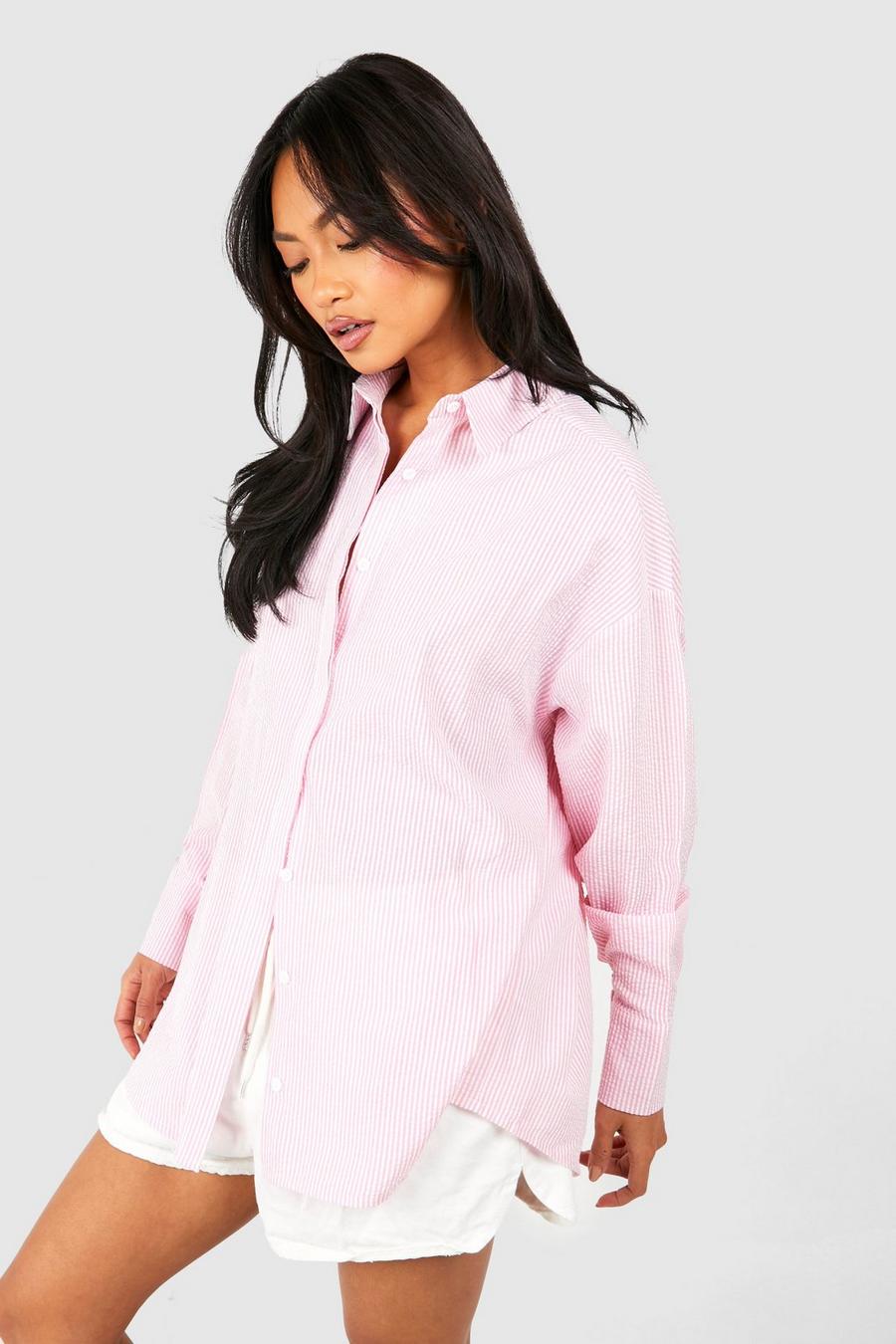 Camicia oversize in seersucker a righe, Light pink