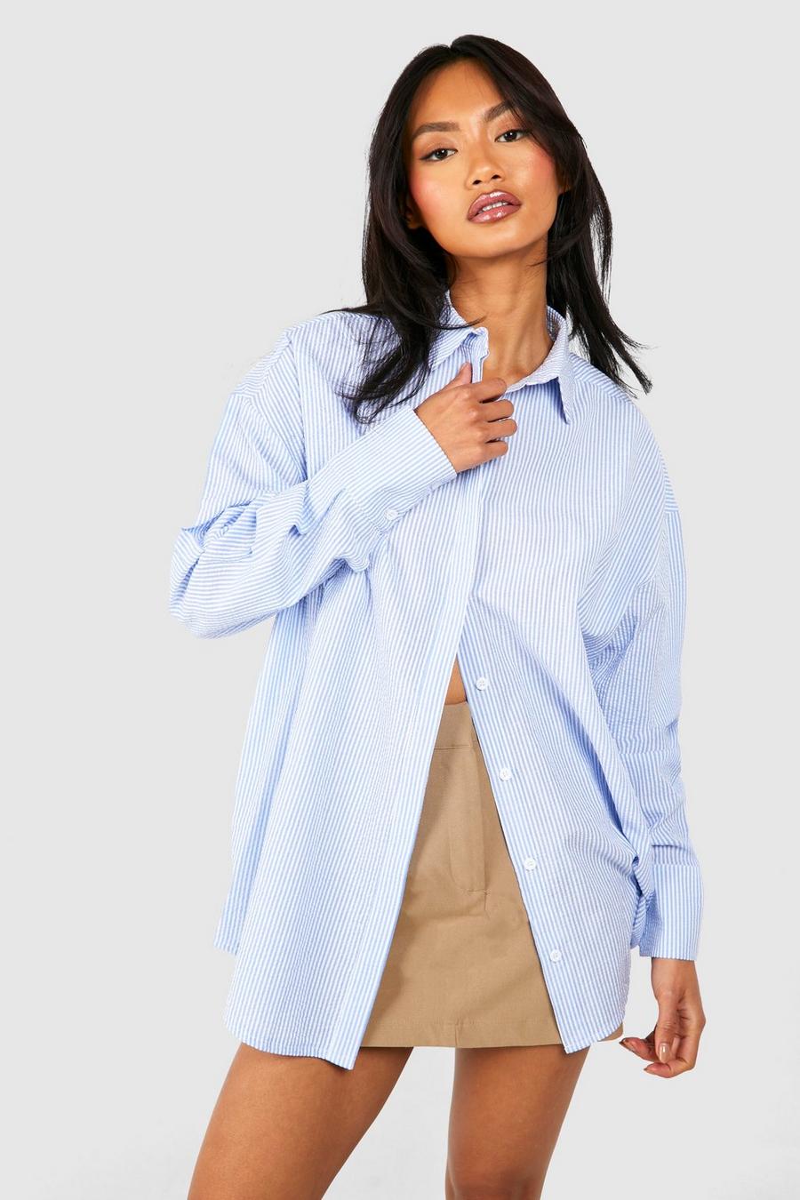 Camicia oversize in seersucker a righe, Light blue image number 1