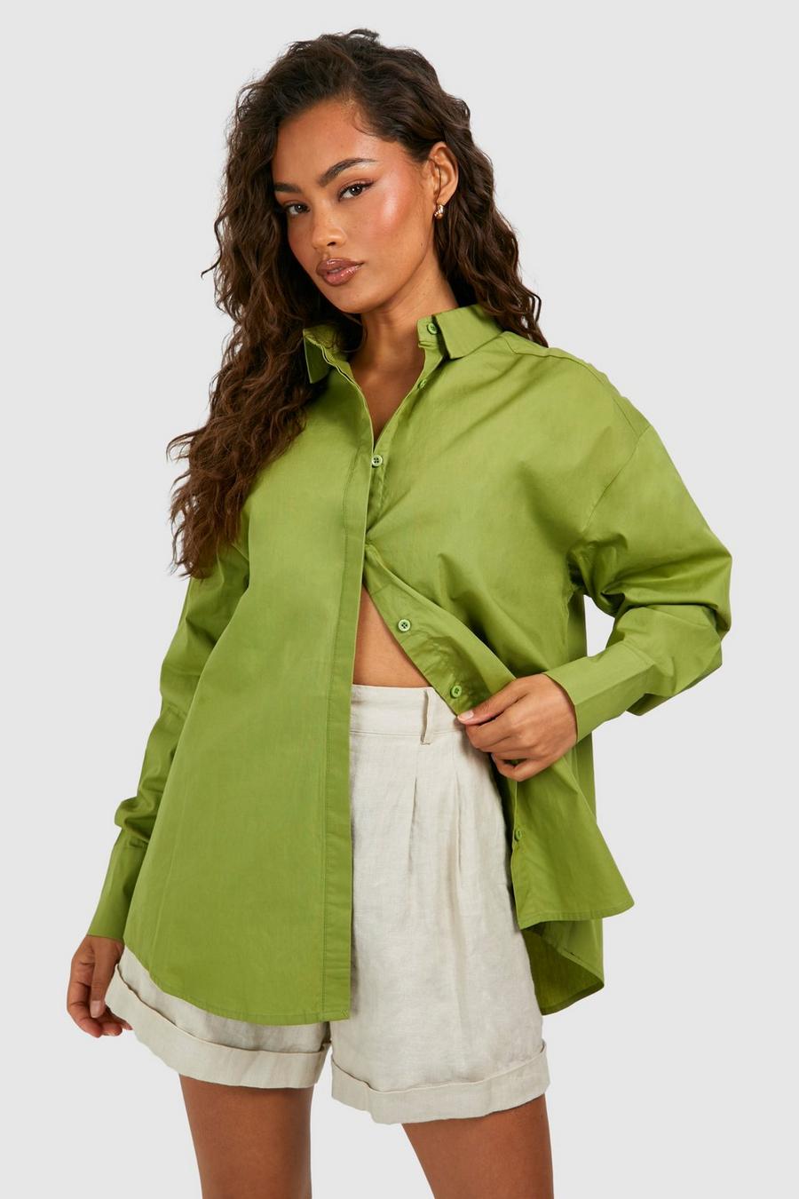 Camicia oversize in cotone popeline, Olive image number 1