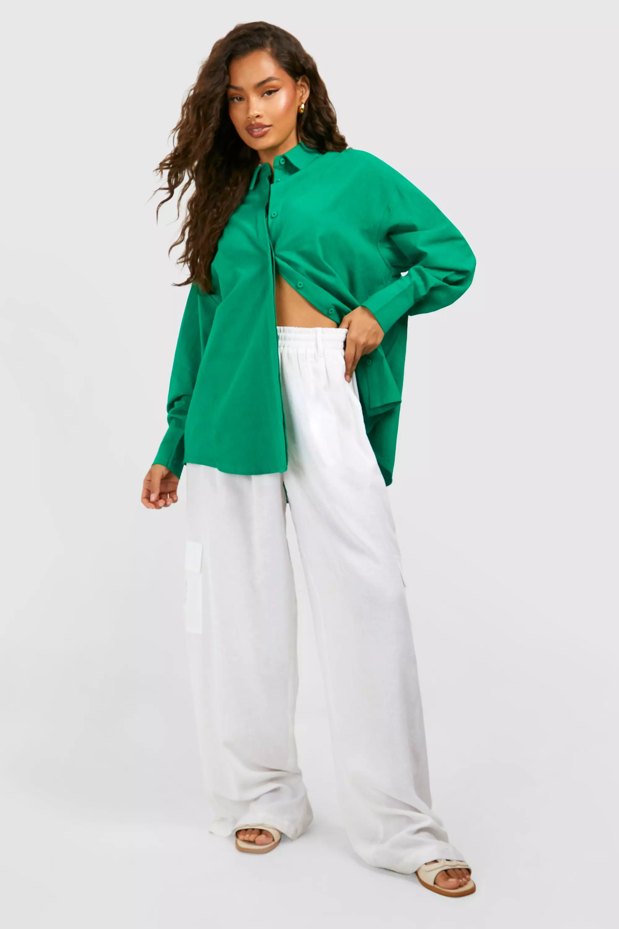 Green Oversized Linen Look Shirt صورة بديلة