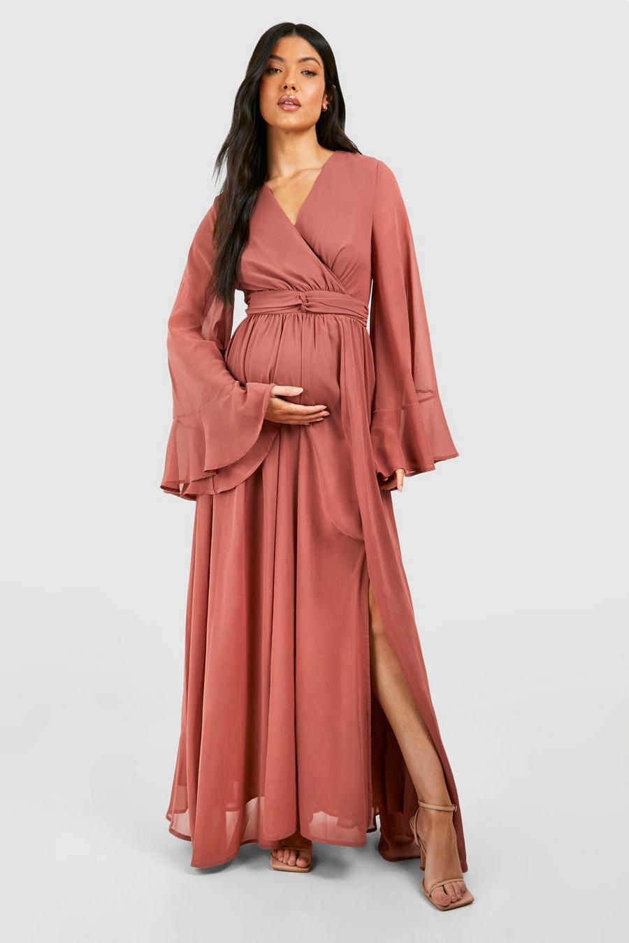 Chocolate Maternity Chiffon Flared Sleeve Maxi Dress