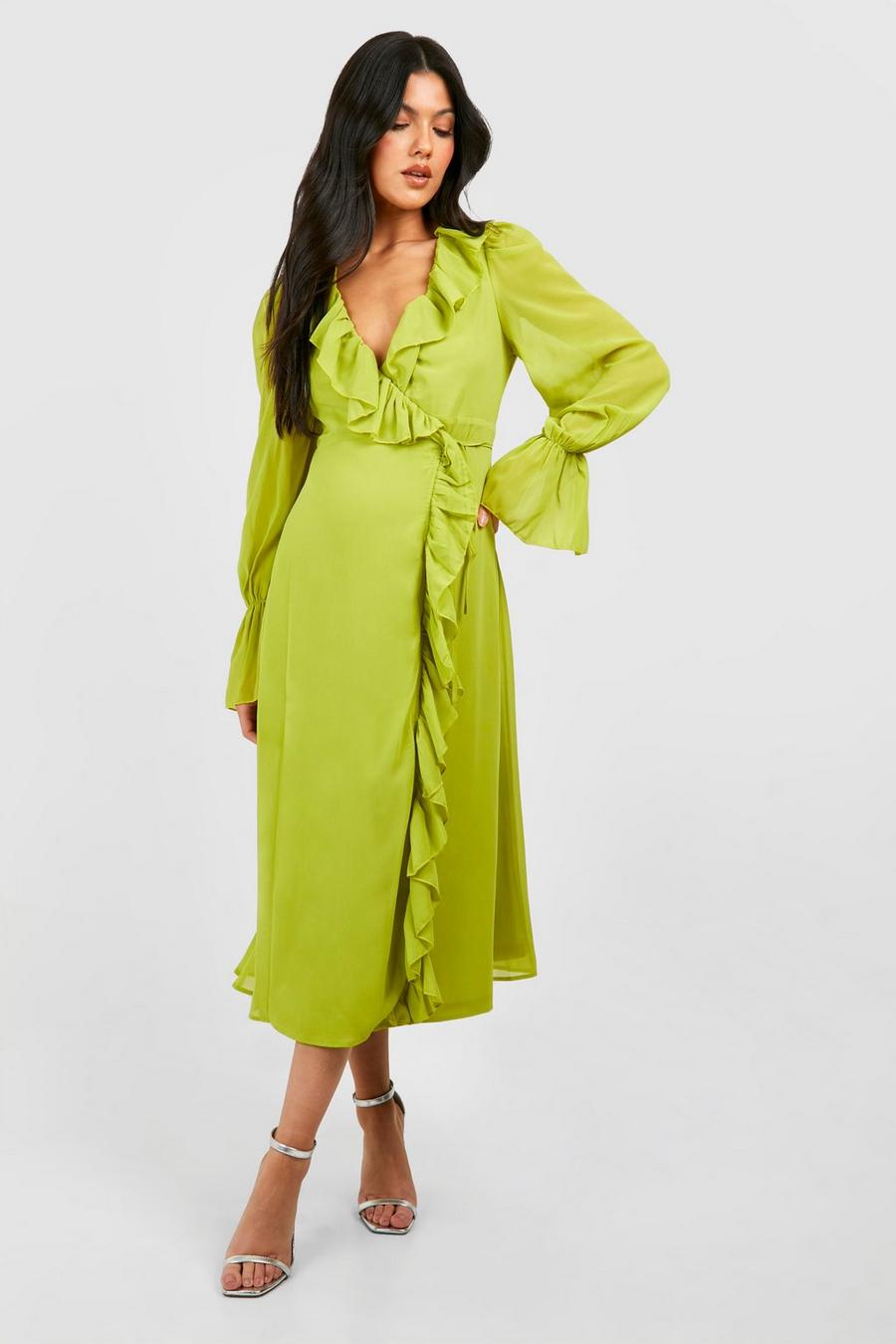 Umstandsmode Chiffon Wickel-Kleid mit Rüschen, Lime image number 1