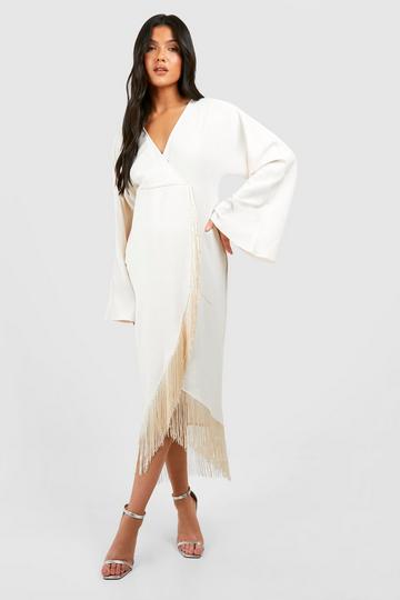 Maternity Tassel Hem Wrap Dress white