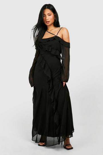 Black Petite Asymmetric Ruffle Open Back Maxi Dress