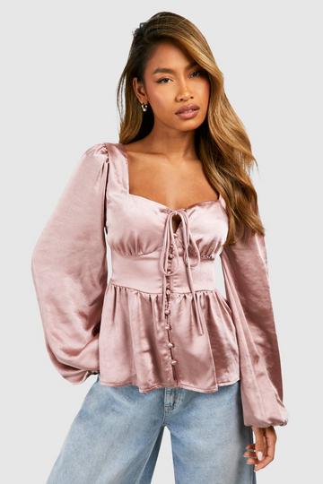 Textured Satin Balloon Sleeve Top pink