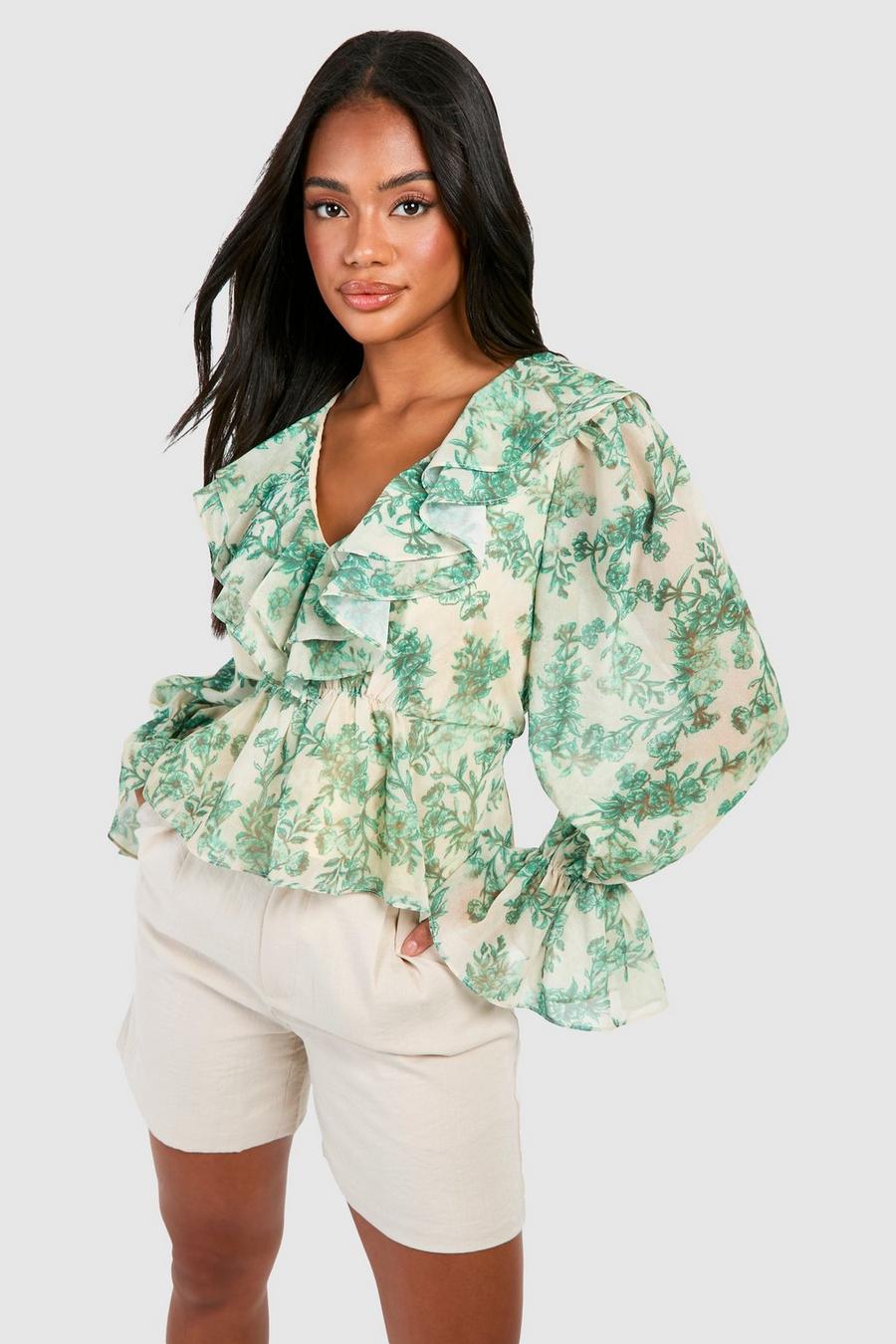 Blusa in chiffon a fiori con arricciature, Green image number 1