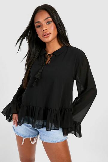 Black Tie Detail Chiffon Smock Blouse