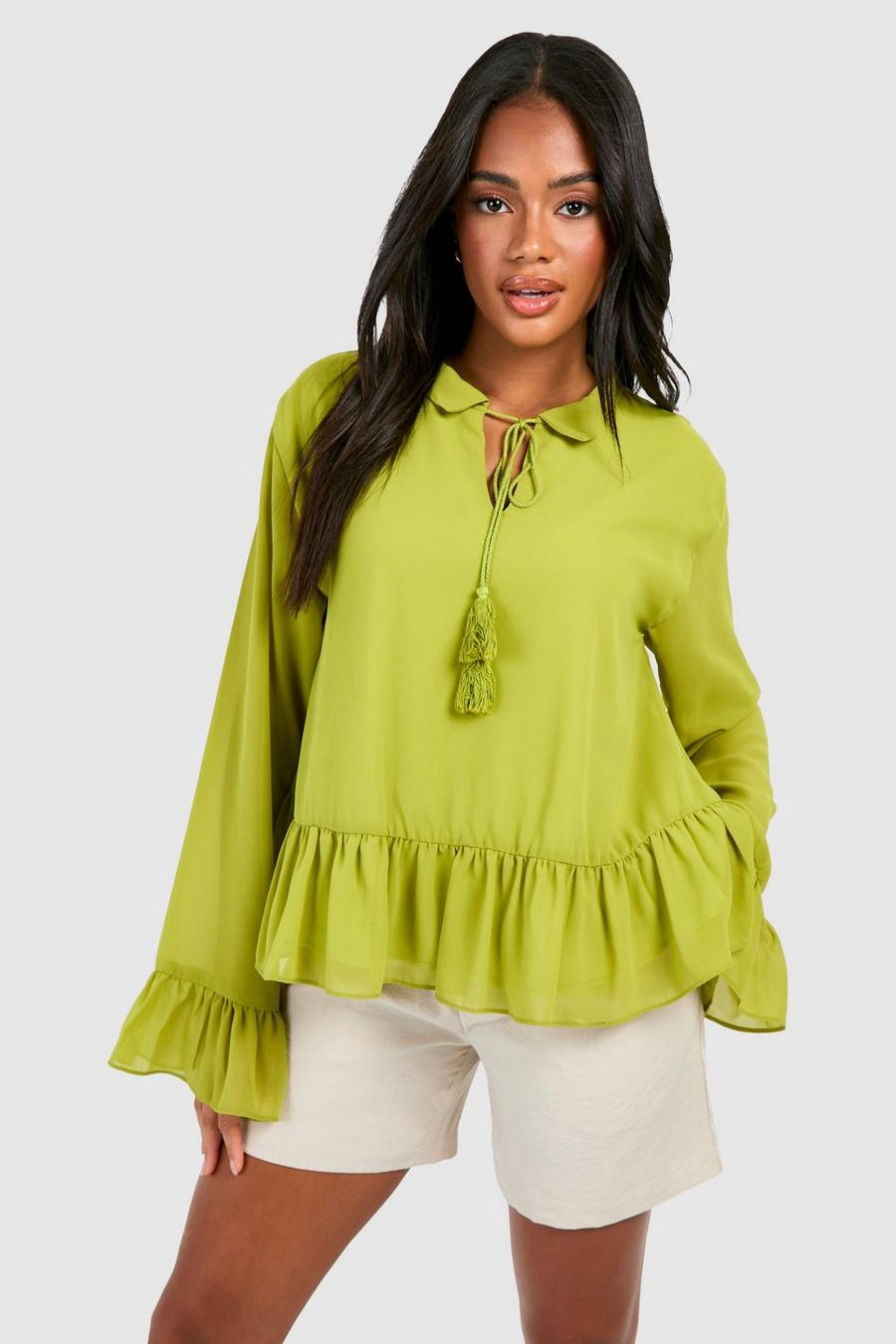 Blusa holgada de chifón con atadura, Chartreuse image number 1