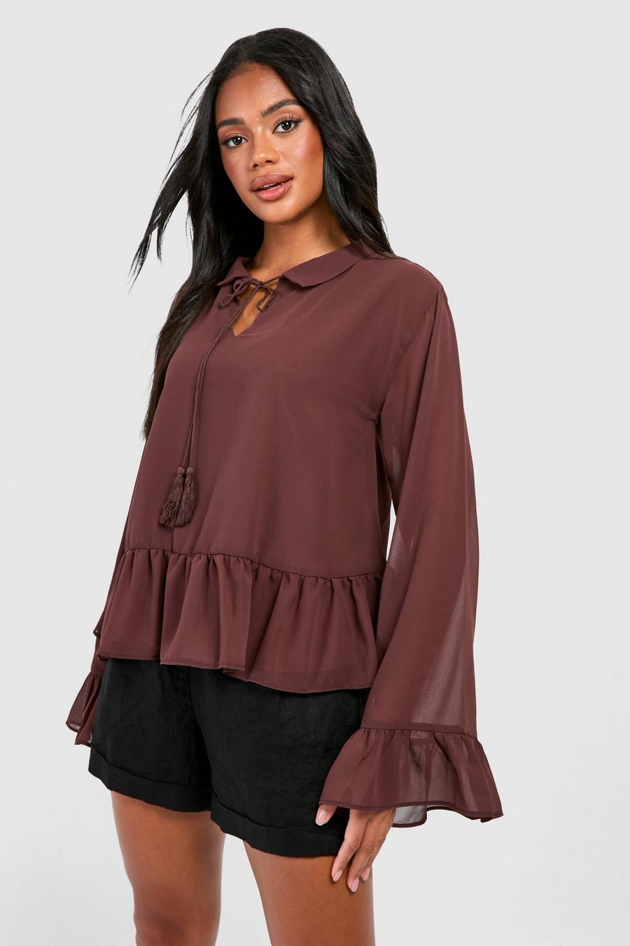 Chocolate Tie Detail  Chiffon Smock Blouse image number 1