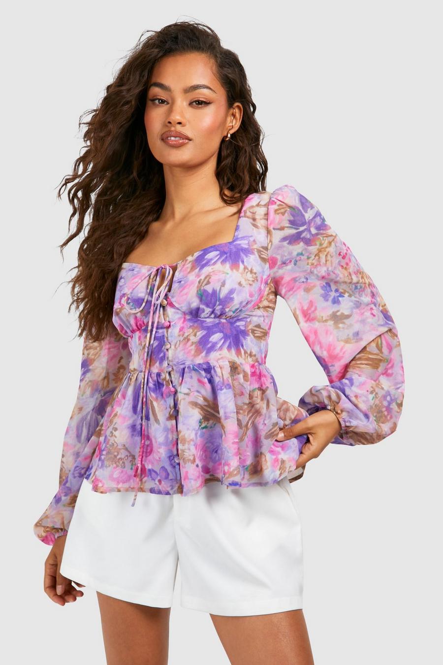 Purple Floral Chiffon Balloon Sleeve Top image number 1