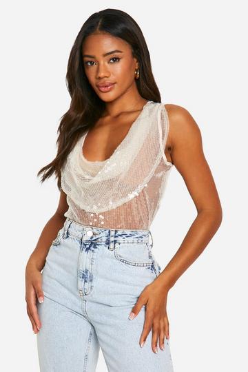 Sheer Sequin Cowl Cami nude