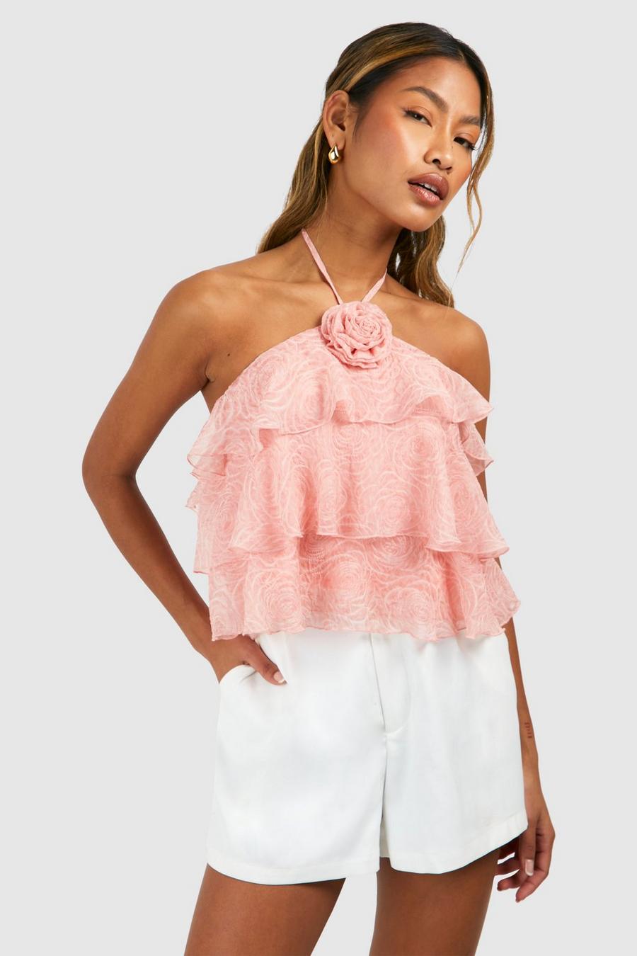 Rose pink Flare Sleeve Crochet Top 
