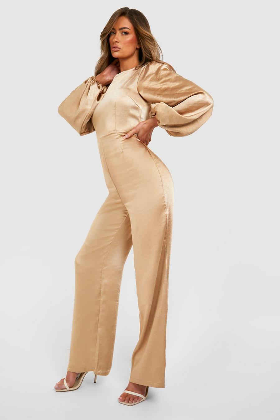 Gold metallic Bridesmaid Satin Blouson Sleeve Jumpsuit