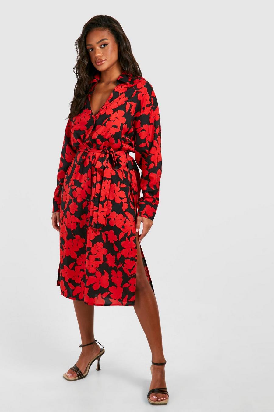 Red rosso Floral Midaxi Shirt Dress