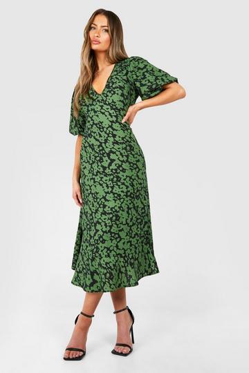 Floral Print Midi Smock Dress khaki