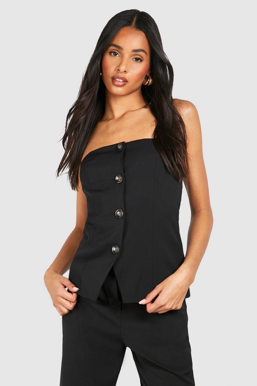 Black Tall Woven Tailored Bandeau Button Vest image number 1