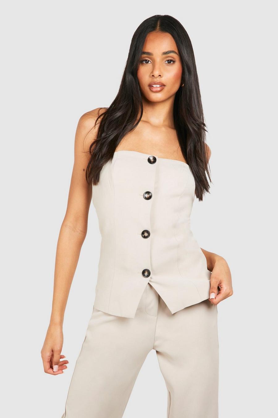 Stone Tall Woven Tailored Bandeau Button Vest image number 1