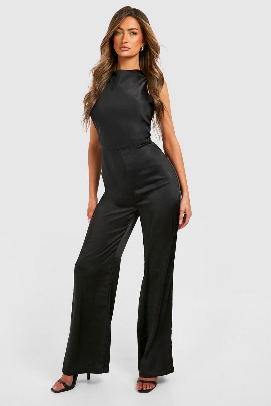 Black Satijnen Bruidsmeisjes Jumpsuit Met Hoge Hals