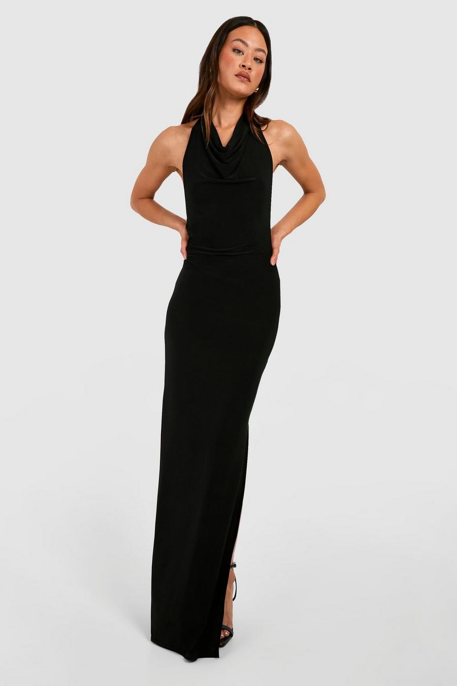 Black Tall Slinky Cowl Halter Split Midi Dress image number 1