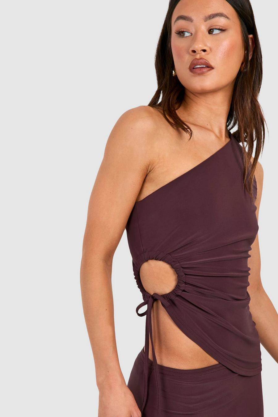 Chocolate Tall Slinky Asymmetric Ruched Cut Out Top   image number 1