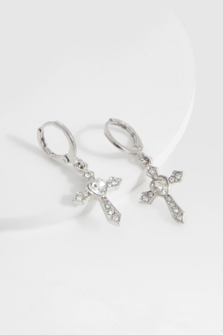 Silver Cross Pendant Hoop Earrings image number 1