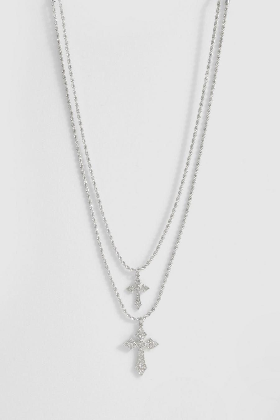 Silver Cross Double Pendant Necklace 