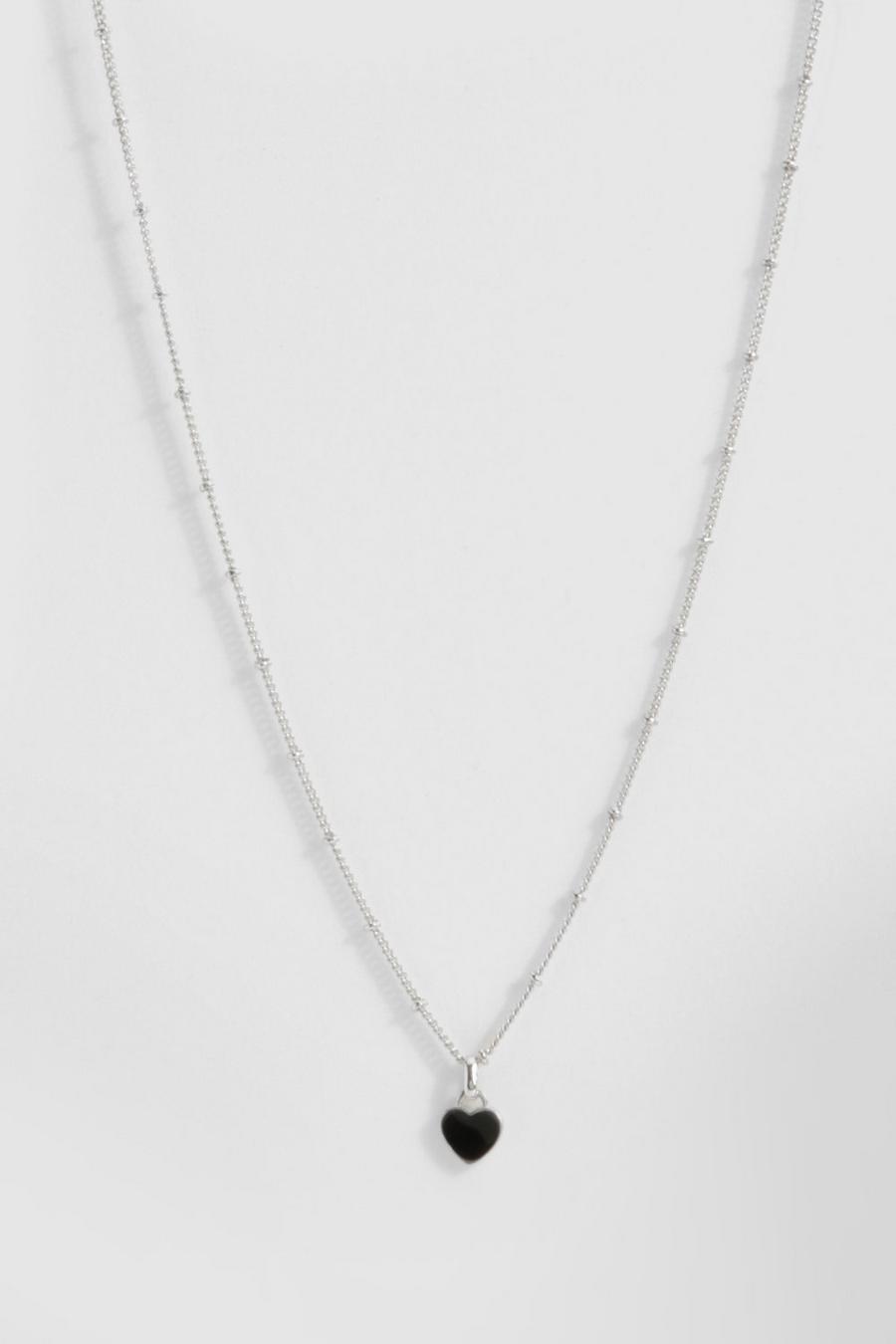 Halskette mit schwarzem Enamel-Herz, Silver